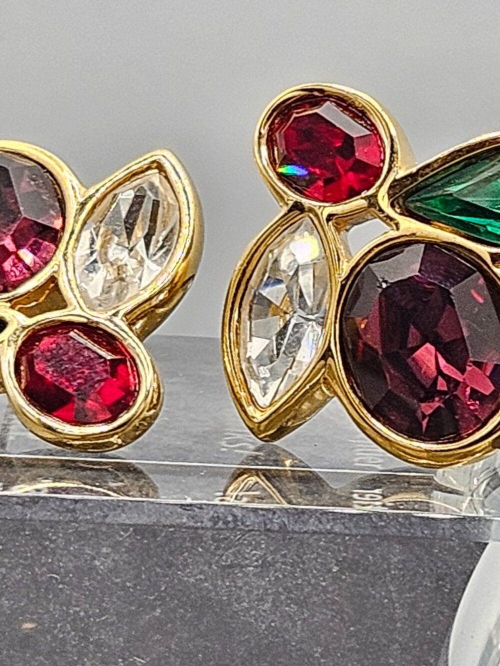 Vintage Gold Multi Color Gemstone Cabochon Cluster Statement Pierced Earrings